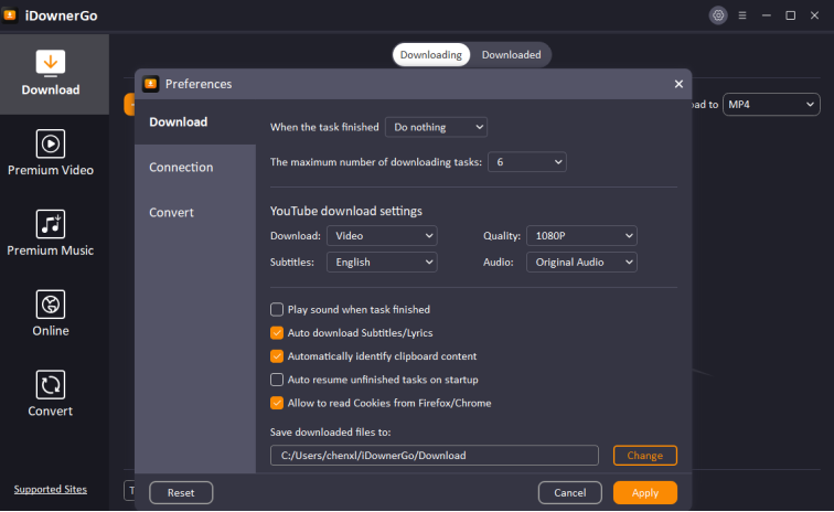 choose download setting