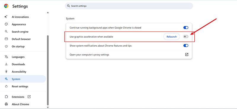 désactiver l'accélération matérielle du navigateur