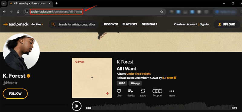 copy audiomack track url