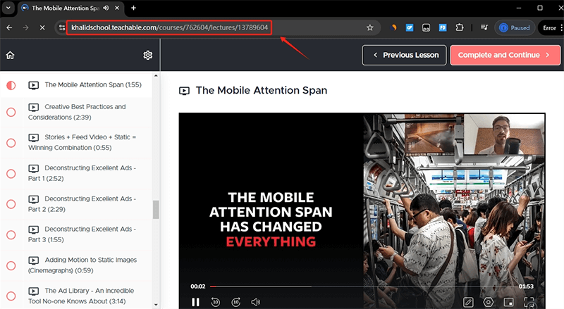 copy teachable video url