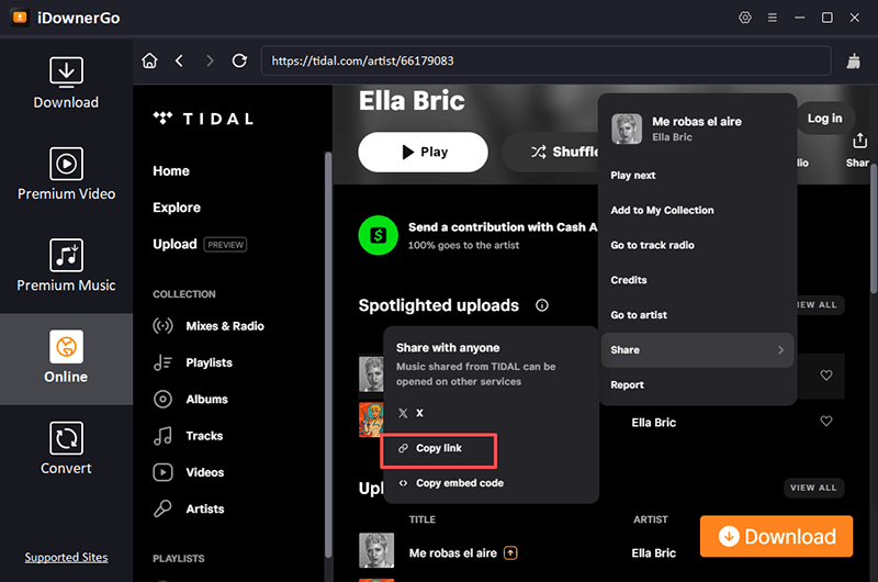 copier le lien de musique tidal