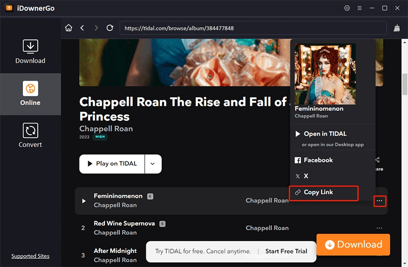 copy tidal music url