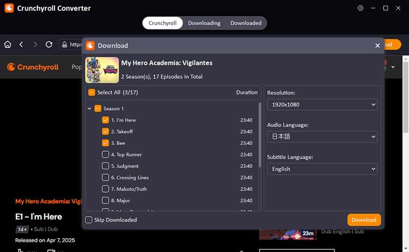 paramètre de téléchargement crunchyroll