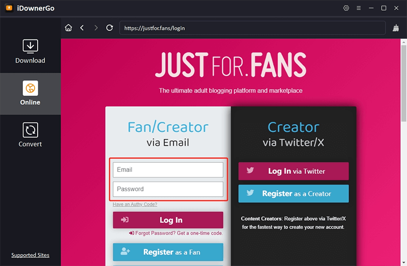 Bei Justforfans-Konto anmelden